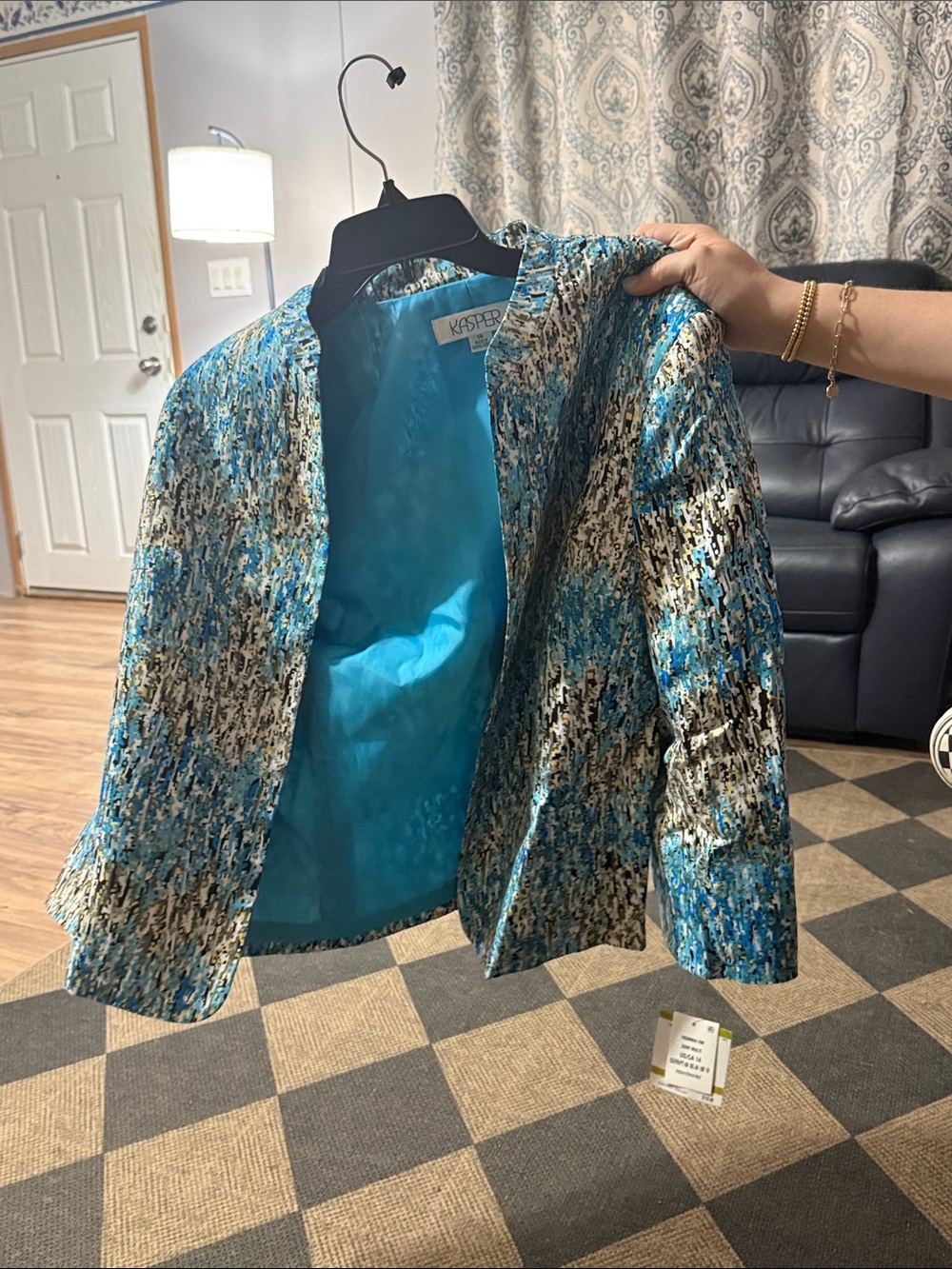 Kasper Teal Blue Multicolor Abstract Collarless Jacket - Picture 6 of 6